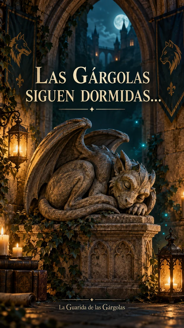 Una gárgola dormida entre velas. La ilustración dice: Las Gárgolas siguen dormidas… La Guarida de las Gárgolas.