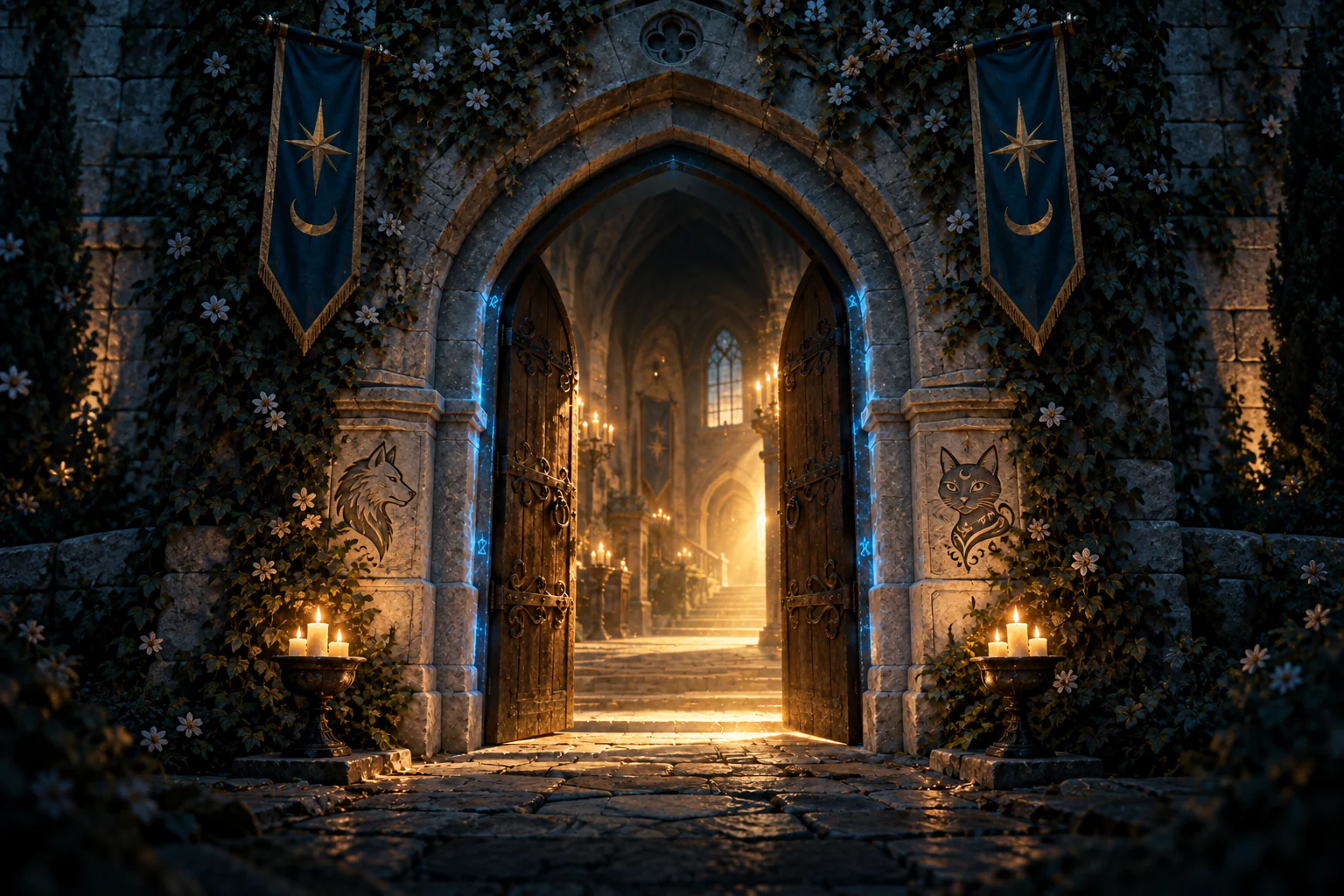 El portal de La Guarida se abre entre piedra, estandartes y una cálida luz de velas.