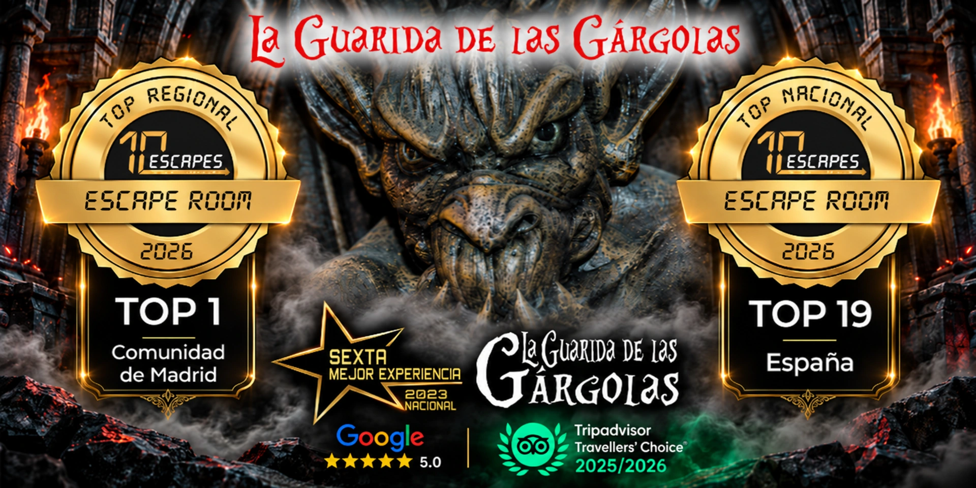 La Guarida de las Gárgolas, escape room en Móstoles, TOP 1 Comunidad de Madrid y TOP 19 España en 10Escapes 2026.