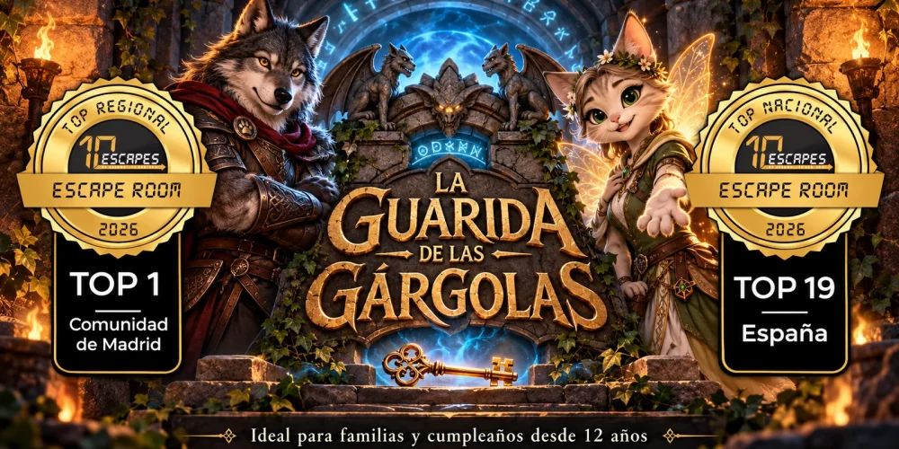 La Guarida de las Gárgolas, escape room familiar desde 12 años en Móstoles, TOP 1 Comunidad de Madrid 2026 y TOP 19 España.